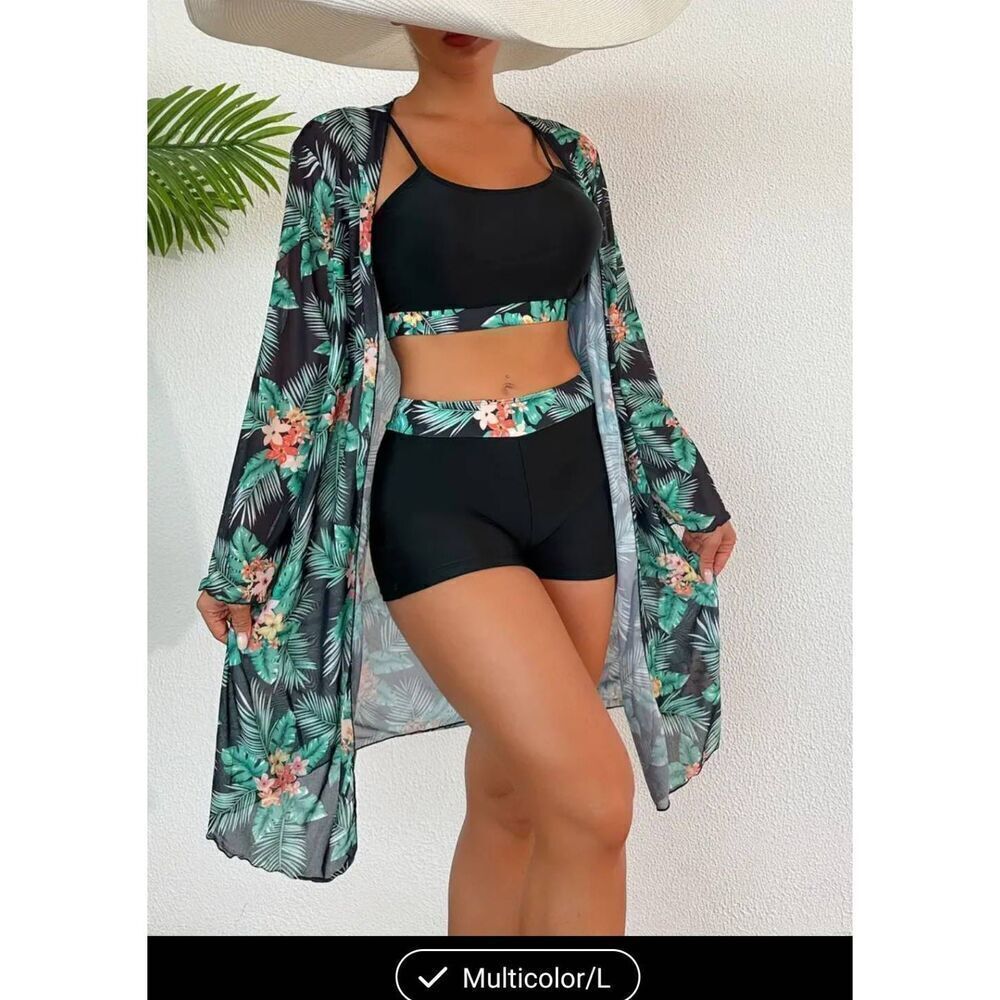 3 piece tropical swim set high waisted